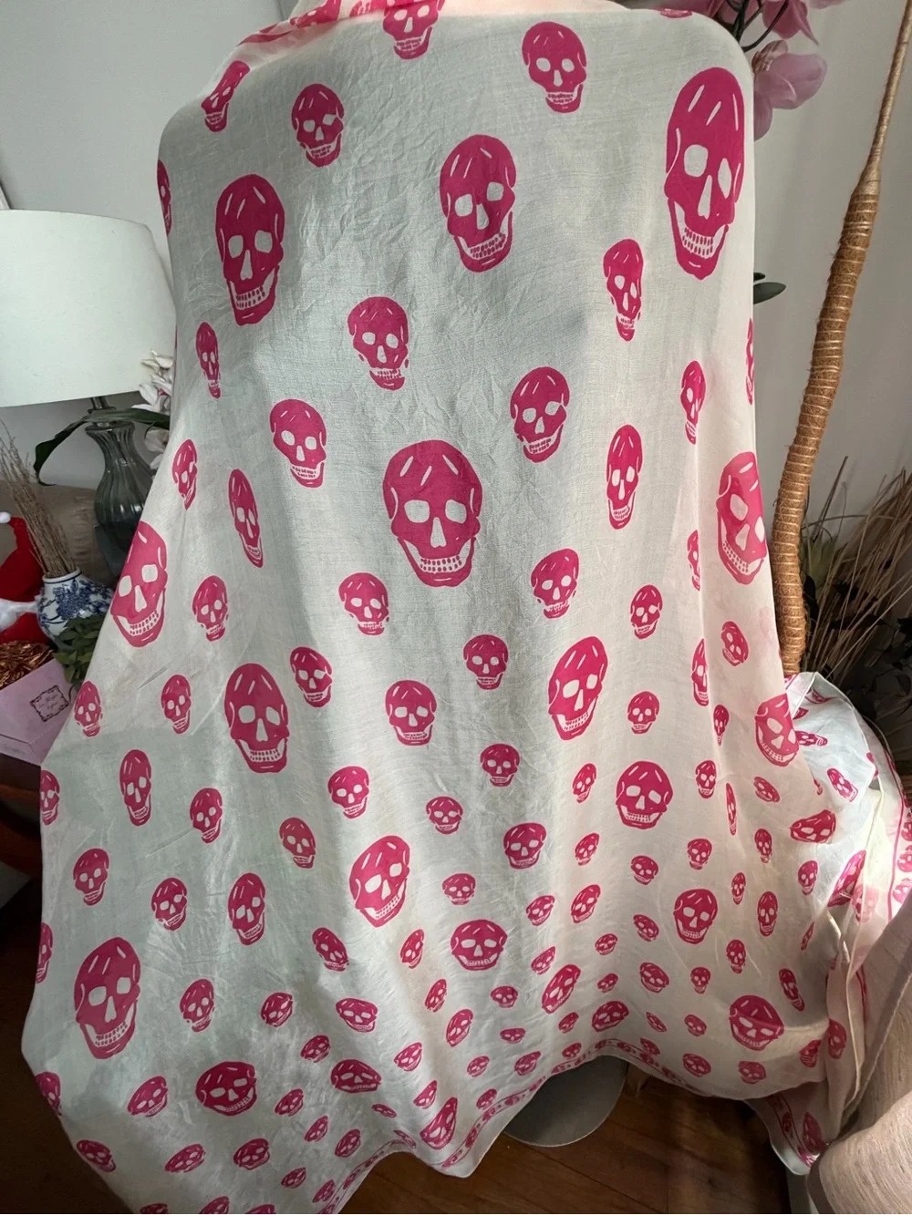 Alexander McQueen Sheer Pink Skull Print Wrap Silk Scarf.